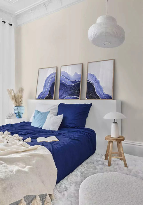 Conjunto de 3 Pósters de Ágata Azul Acuarela de Plata Real 50x70cm